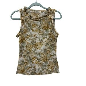 Doe and Rae Floral Ruffle Plisse Sleeveless Top Olive Green Tan Small 41866T-1